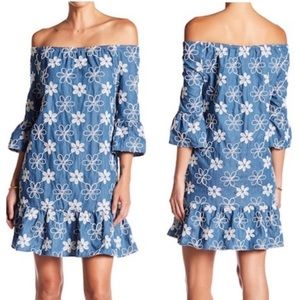 Beige by Eci Daisy Embroidered Off Shoulder Cotton Jean Dress Size 10